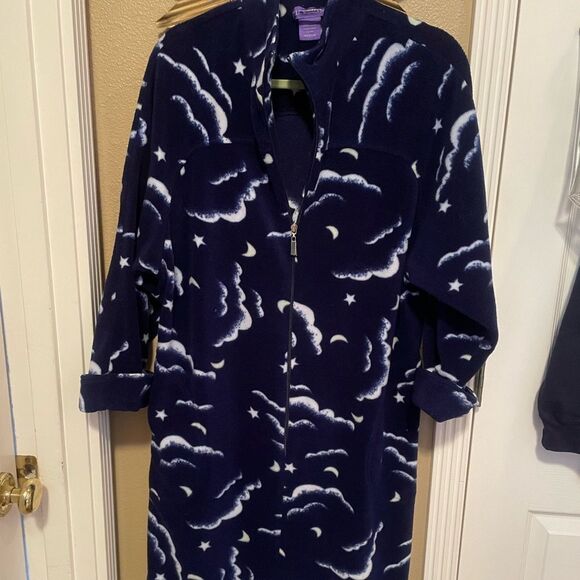I.C. Winters Vintage Moon Stars Clouds Dark Blue Plush Half Zip Womens Robe M - Picture 1 of 16